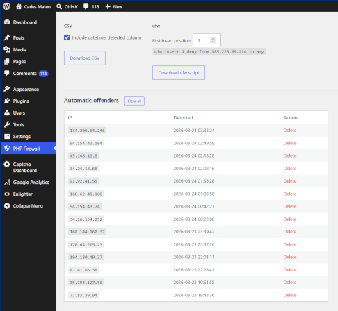WordPress PHP Firewall - offending IP addresses