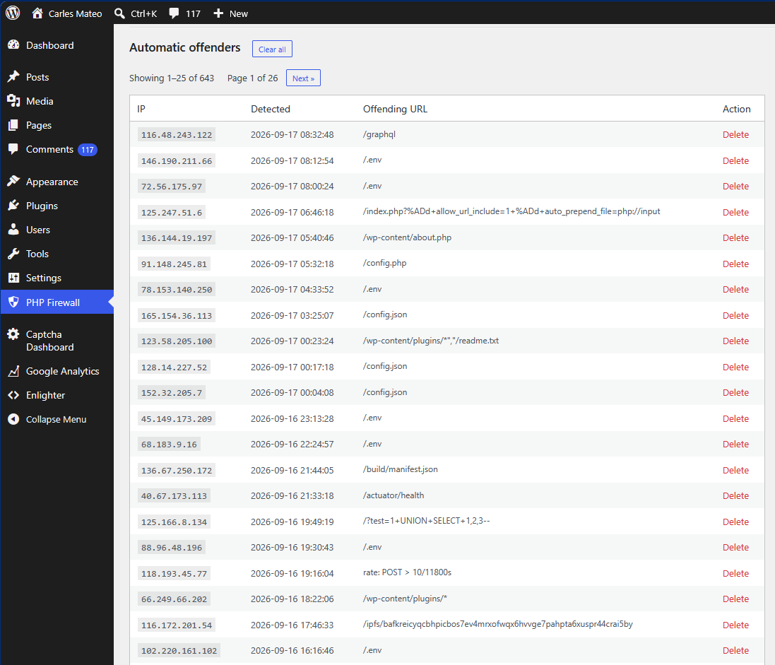 PHP Firewall - adreces IP infractores automàtiques